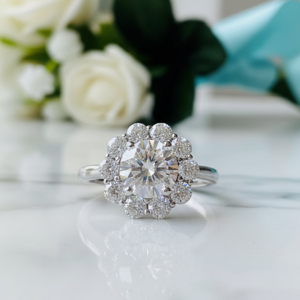 3ct Round Cut Crackling Diamond Flower Halo Engagement Ring-Evani Jewelry