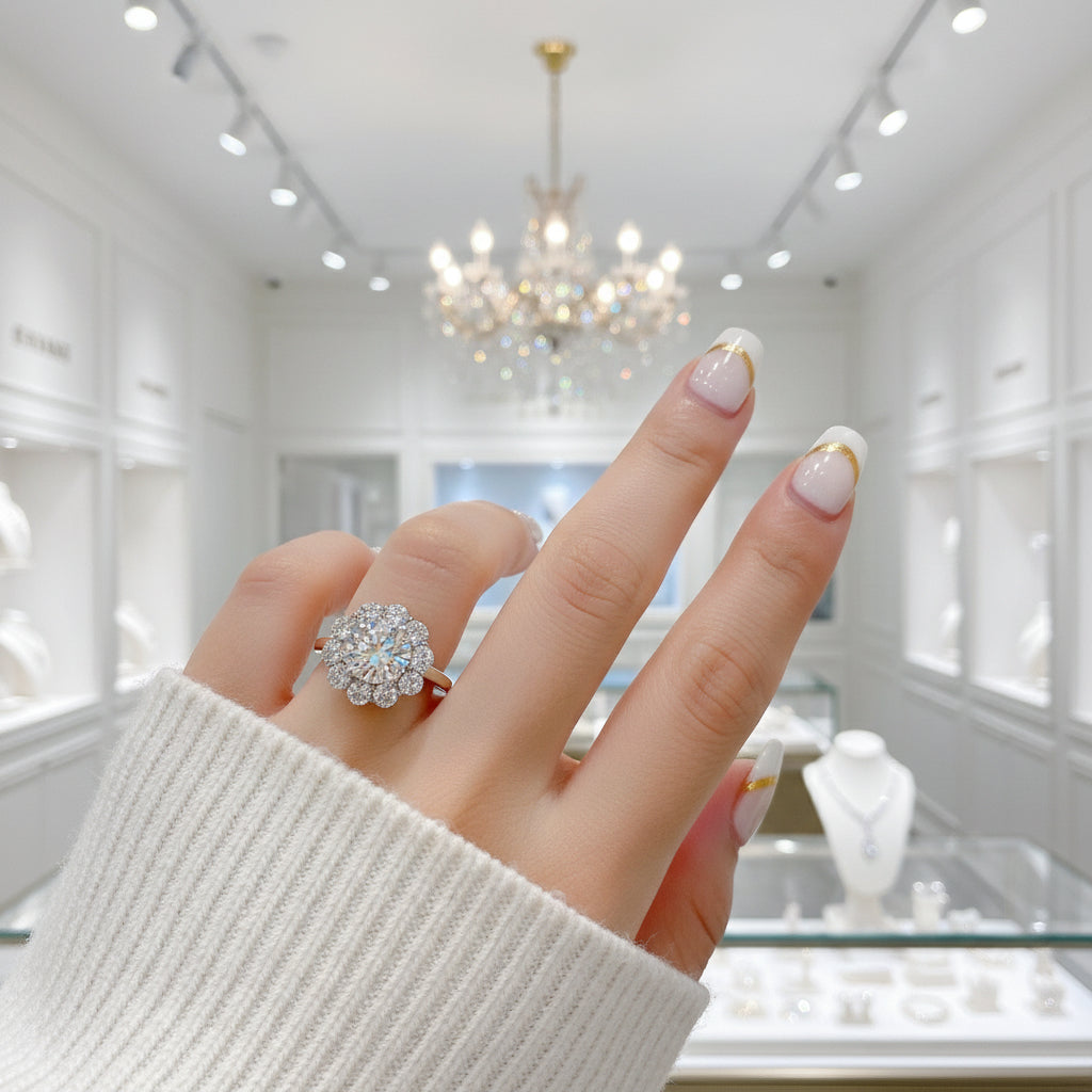 3ct Round Cut Crackling Diamond Flower Halo Engagement Ring-Evani Jewelry