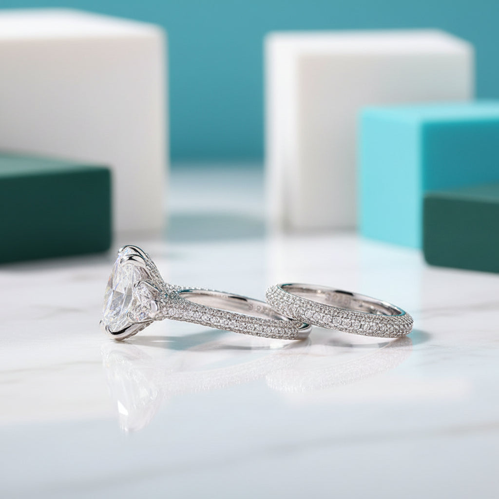 5.0 Ct Radiant Cut & Heart Cut Three Stone Wedding Set-Evani Jewelry