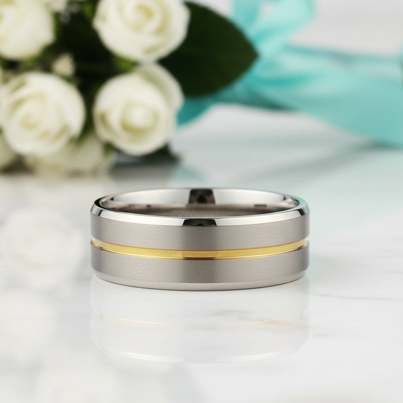 8mm Polished Edges Tungsten Wedding Band with Gold Stripe-Evani Jewelry