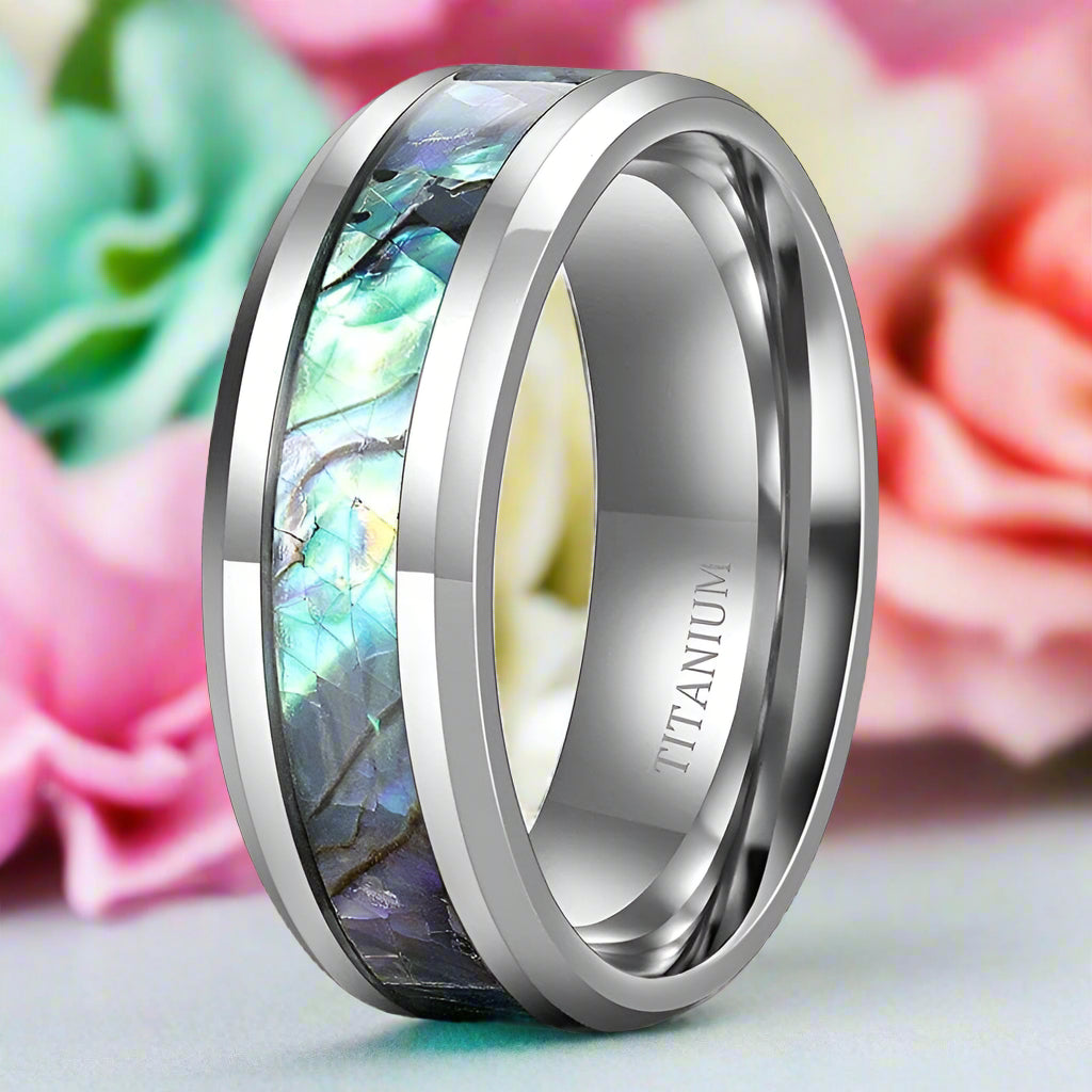 8mm Titanium Wedding Band with Abalone Shell Inlay-Evani Jewelry