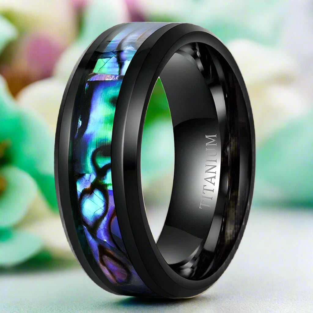 8mm Titanium Wedding Band with Abalone Shell Inlay-Evani Jewelry
