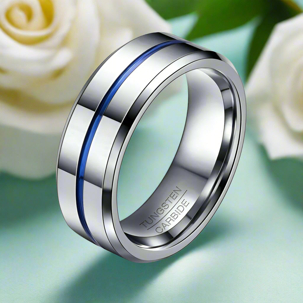 8mm Tungsten Carbide Men's Wedding Band with Thin Blue Line-Evani Naomi Jewelry
