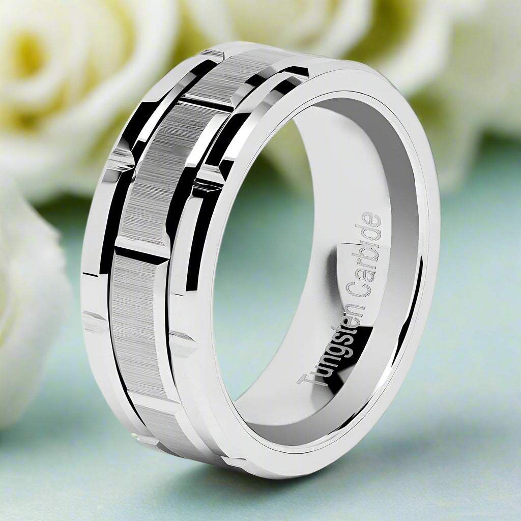 8mm Tungsten Men's Wedding Band with Brick Pattern-Evani Naomi Jewelry