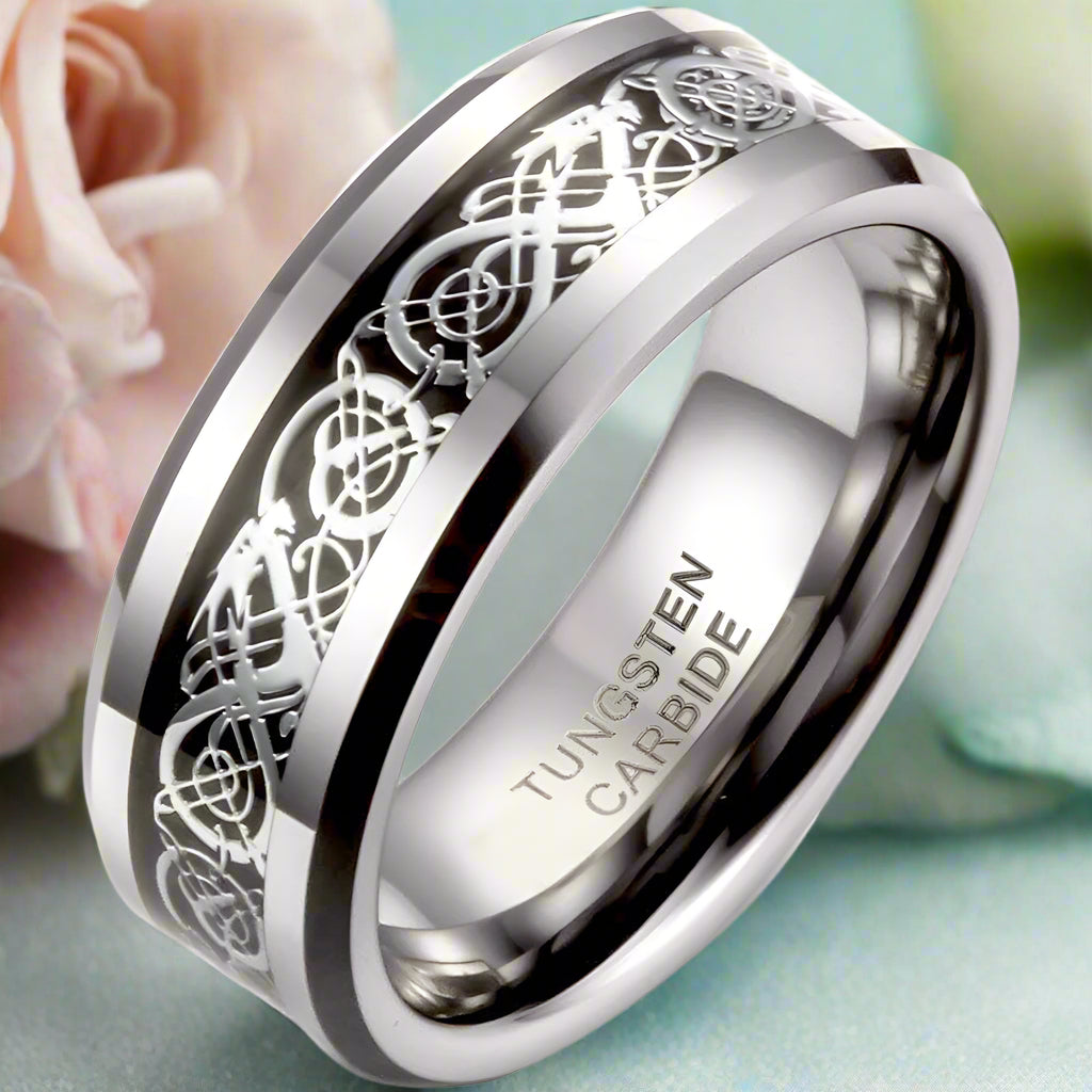 8mm Tungsten Men's Wedding Band with Celtic Dragon Inlay-Evani Naomi Jewelry