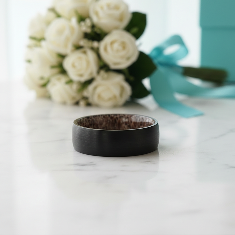 8mm Tungsten Wedding Band with Shell & Antler Inner Shank-Evani Jewelry