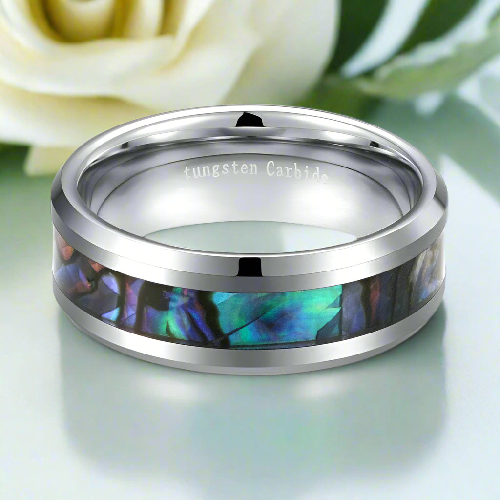 Abalone Shell Inlay 8mm Tungsten Wedding Band-Evani Jewelry