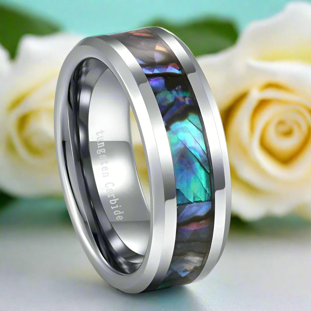 Abalone Shell Inlay 8mm Tungsten Wedding Band-Evani Jewelry