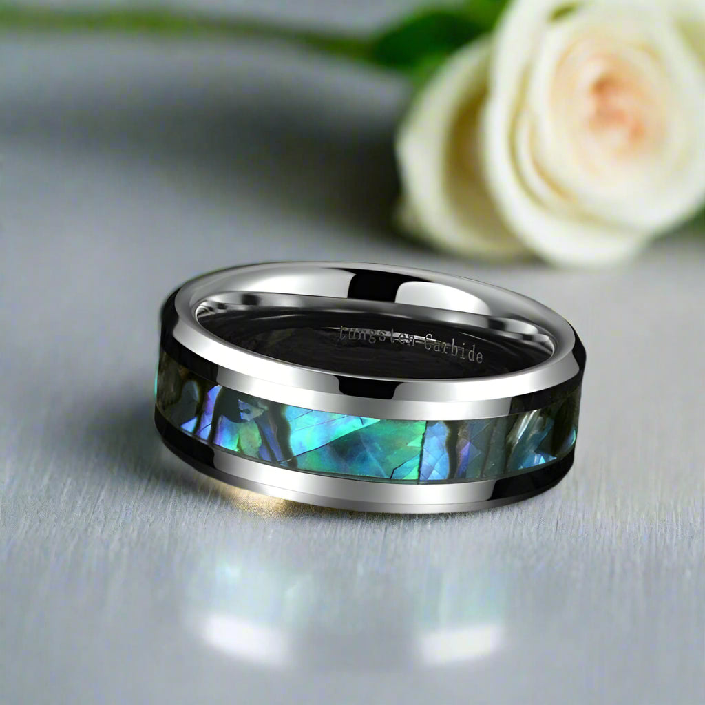 Abalone Shell Inlay 8mm Tungsten Wedding Band-Evani Naomi Jewelry