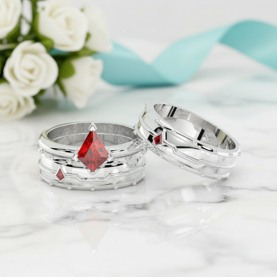 Ring Set in 14k Yellow Gold With Ruby Birthstone-Evani Jewelry