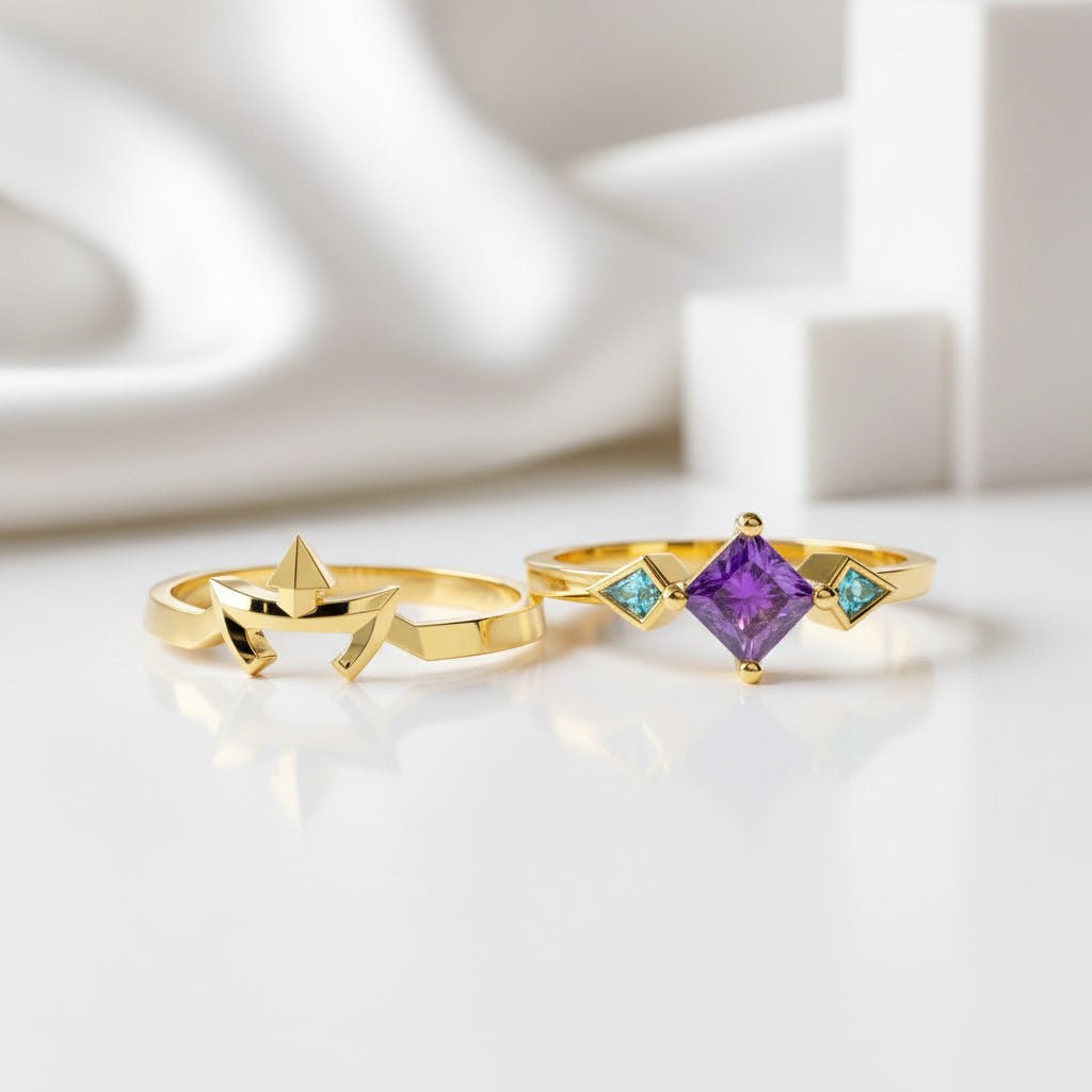 Two-Piece Amethyst Ring Set in Princess-cut 14k Yellow Gold-Evani Jewelry