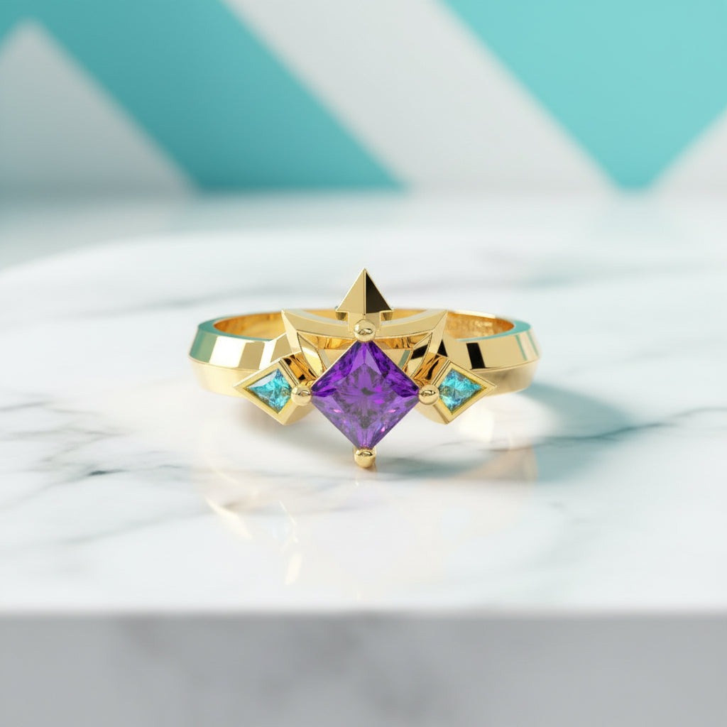 Two-Piece Amethyst Ring Set in Princess-cut 14k Yellow Gold-Evani Jewelry