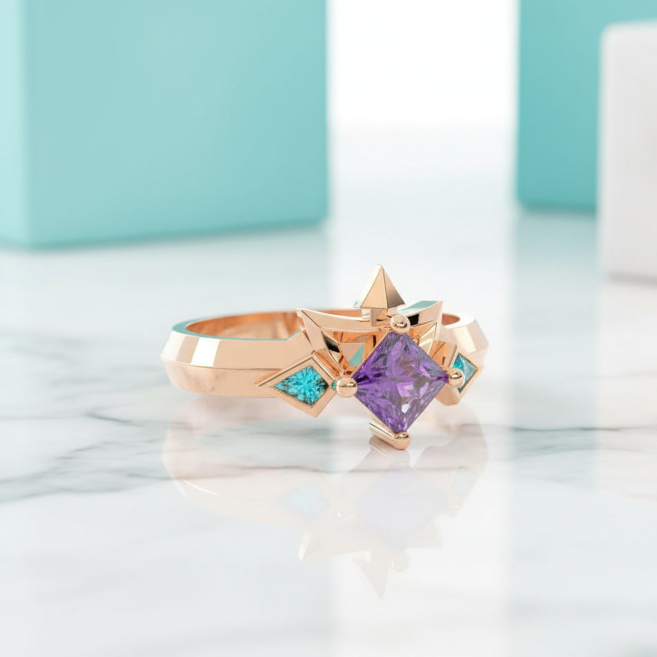 Two-Piece Amethyst Ring Set in Princess-cut 14k Yellow Gold-Evani Jewelry