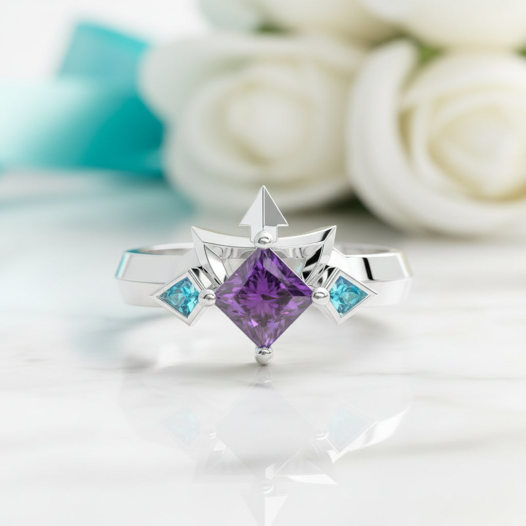 Two-Piece Amethyst Ring Set in Princess-cut 14k Yellow Gold-Evani Jewelry