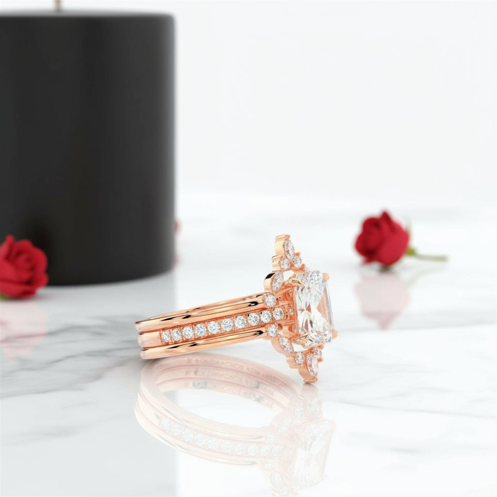 Be Mine Forever Gothic Wedding Rings in 14k Gold Radiant Coffin Cut Diamond-Evani Naomi Jewelry