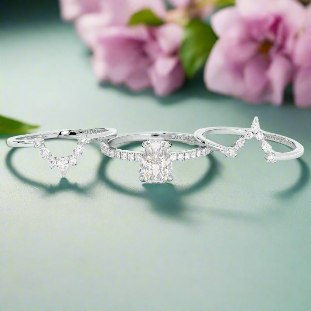 Be Mine Forever Gothic Wedding Rings in 14k Gold Radiant Coffin Cut Diamond-Evani Naomi Jewelry