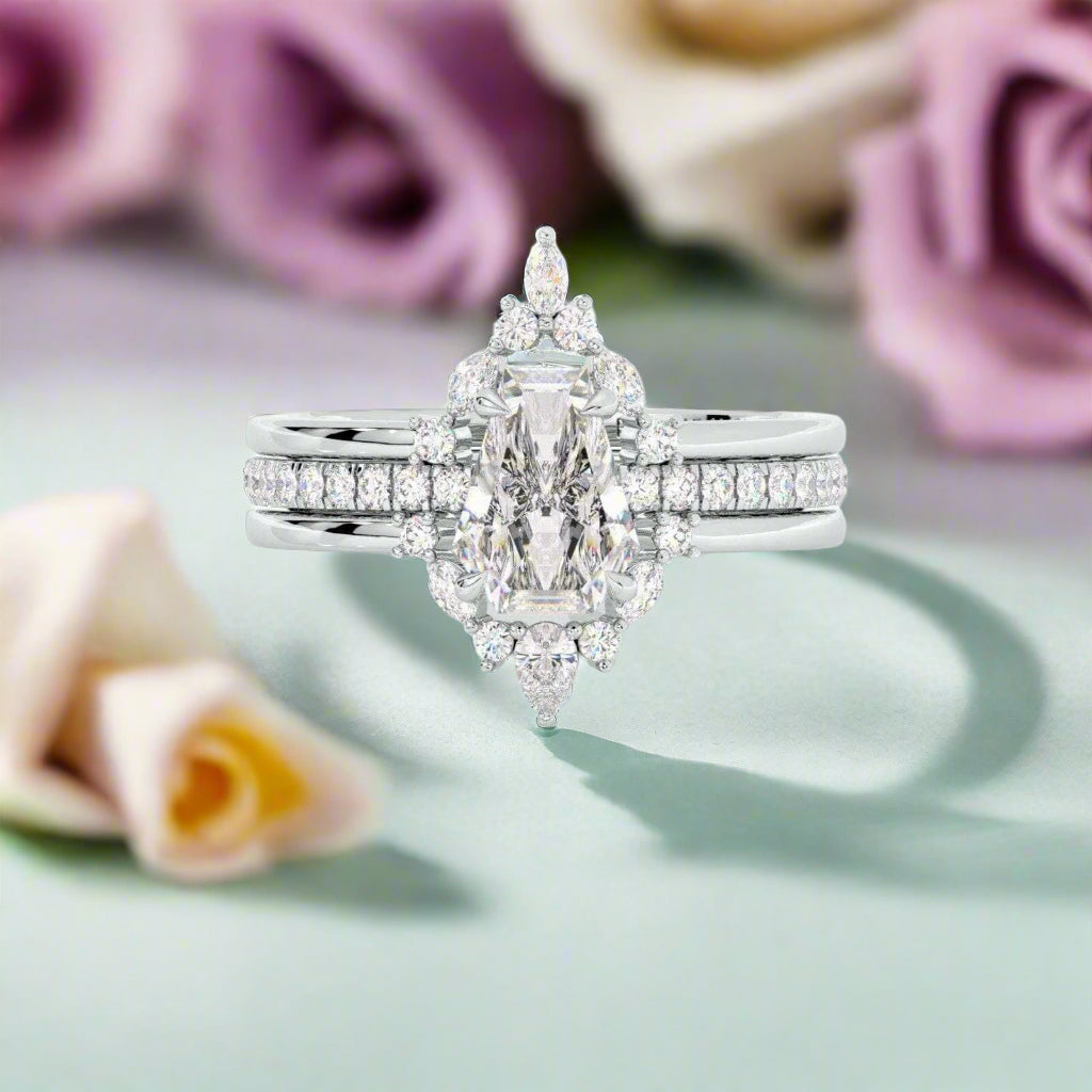 Be Mine Forever Gothic Wedding Rings in 14k Gold Radiant Coffin Cut Diamond-Evani Naomi Jewelry