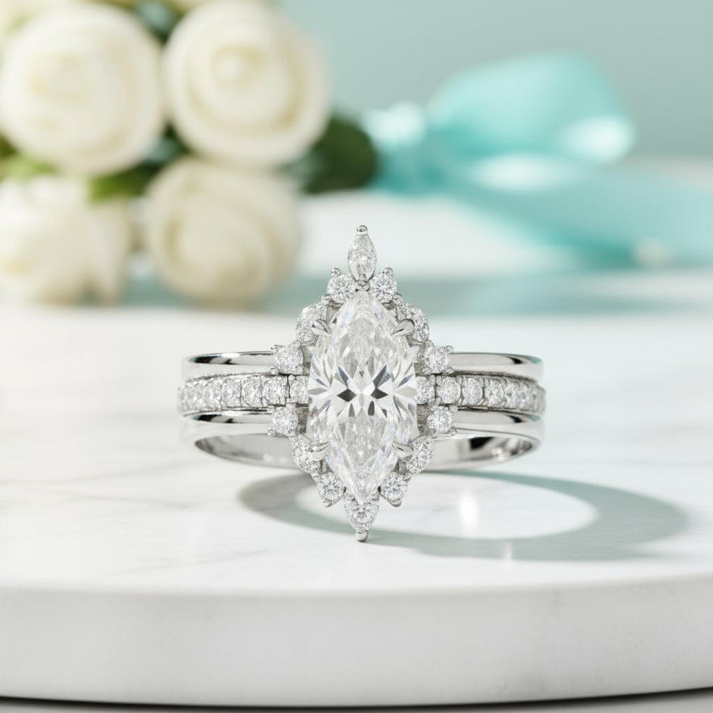 Be Mine Forever Gothic Wedding Rings in 14k Gold Radiant Coffin Cut Diamond-Evani Naomi Jewelry