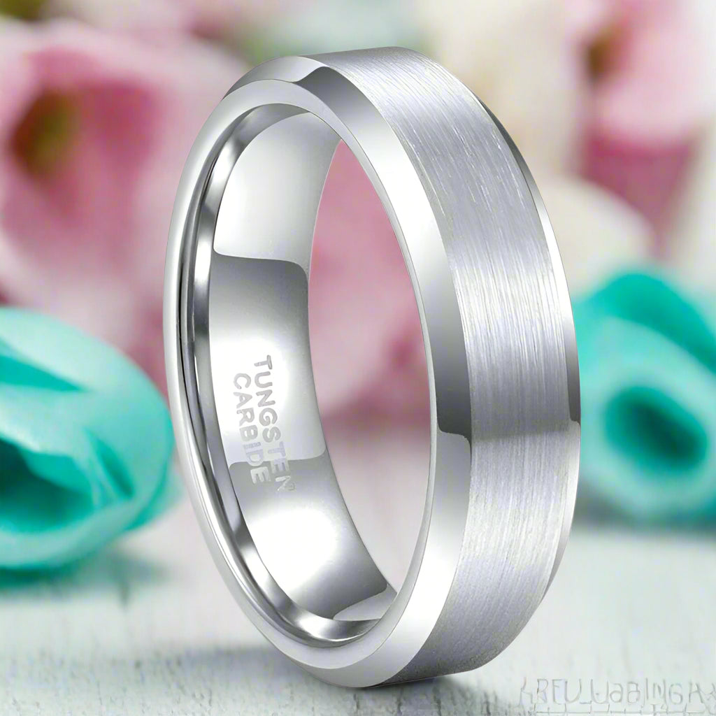 Beveled Brushed Unisex Tungsten Wedding Band-Evani Naomi Jewelry