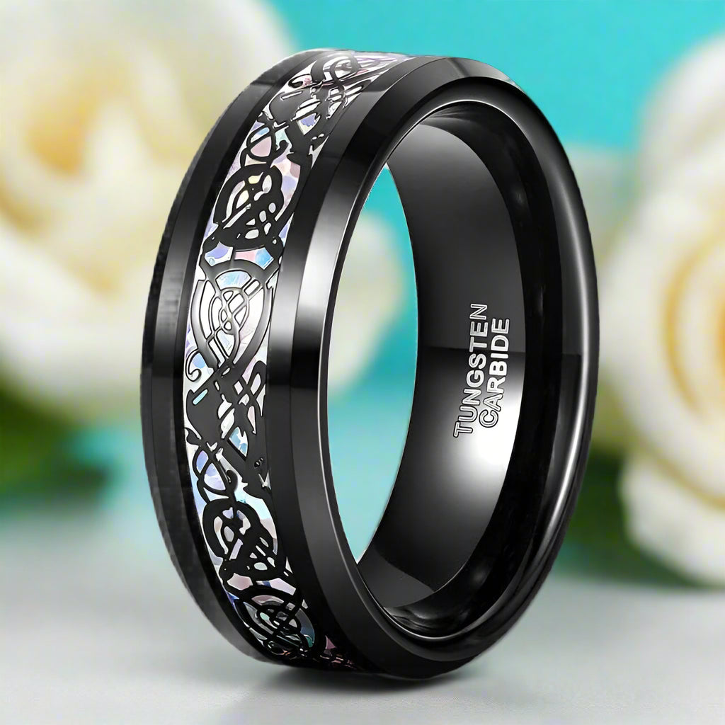 Black Celtic Dragon Inlay 8mm Tungsten Wedding Band-Evani Naomi Jewelry