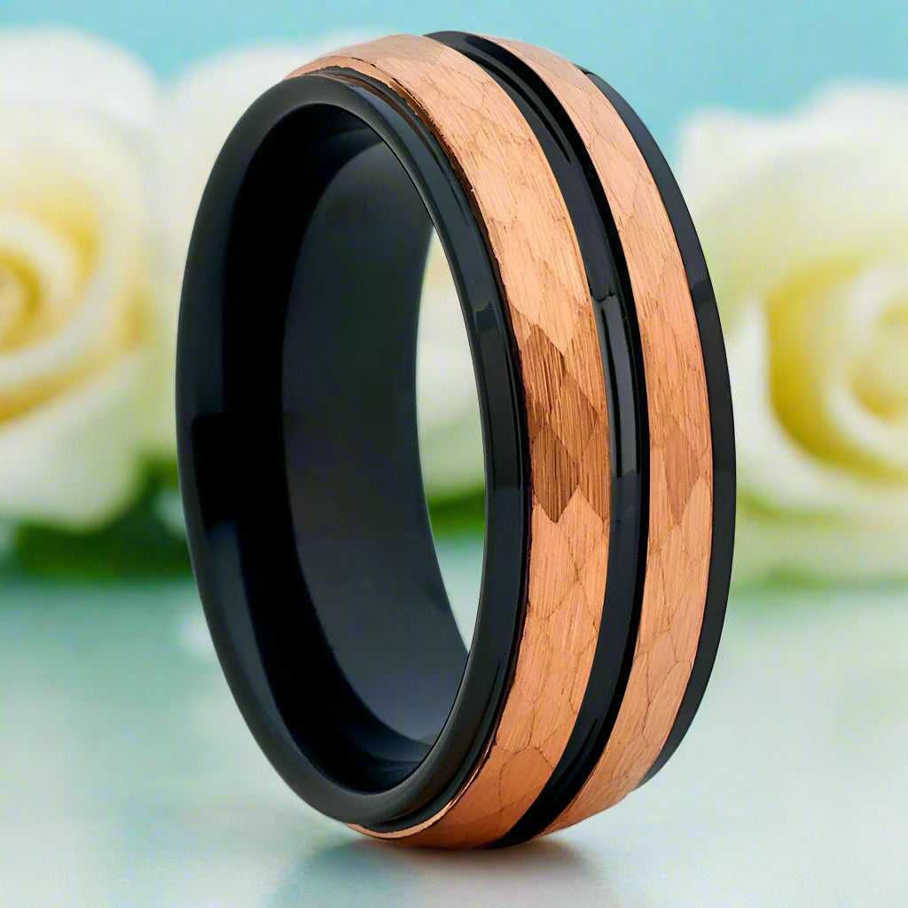 Black & Rose Gold Facet Finish 8mm Tungsten Wedding Band-Evani Naomi Jewelry