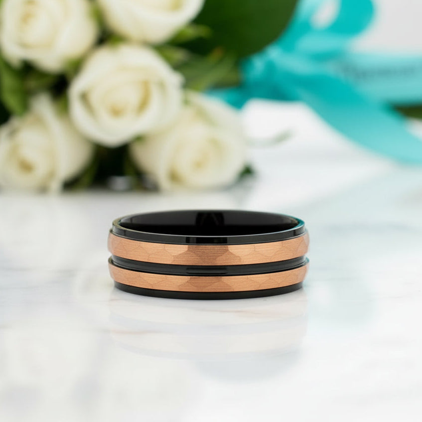 Black & Rose Gold Facet Finish 8mm Tungsten Wedding Band-Evani Jewelry