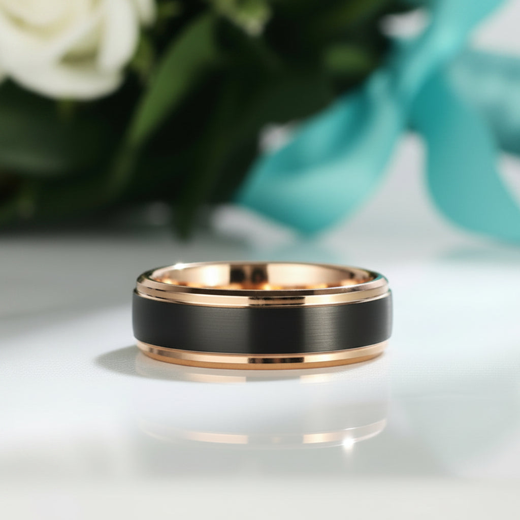 Black Surface & Rose Gold 8mm Tungsten Wedding Band-Evani Jewelry