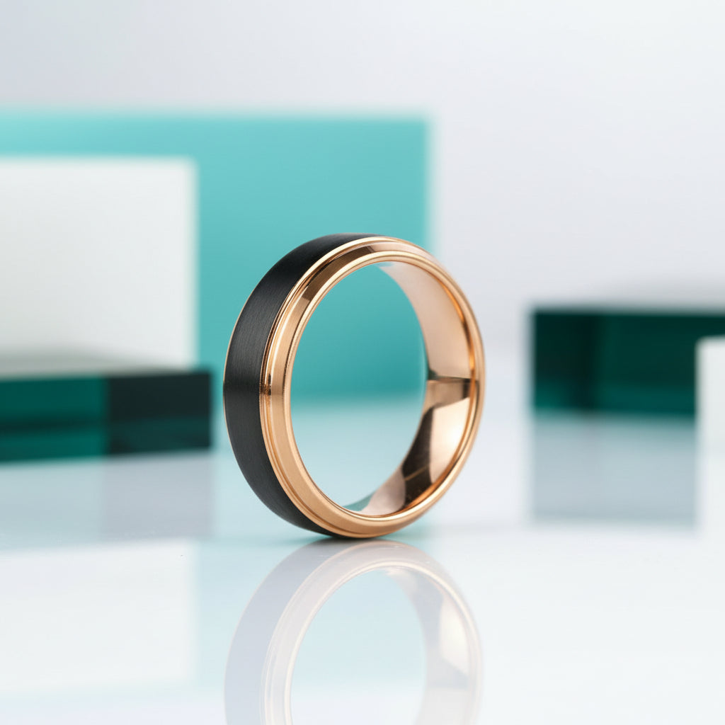 Black Surface & Rose Gold 8mm Tungsten Wedding Band-Evani Jewelry