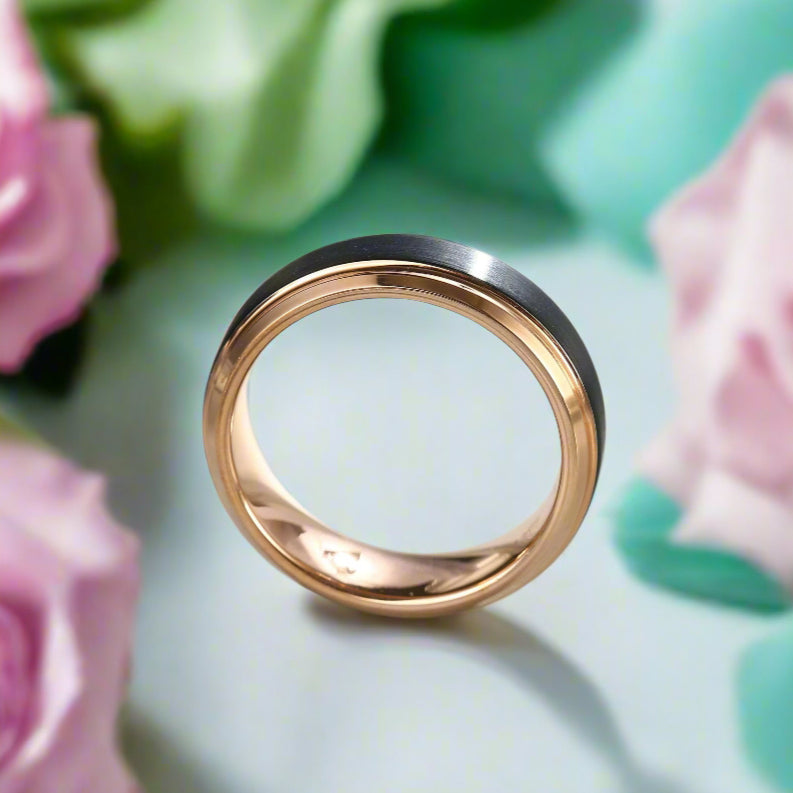 Black Surface & Rose Gold 8mm Tungsten Wedding Band-Evani Naomi Jewelry