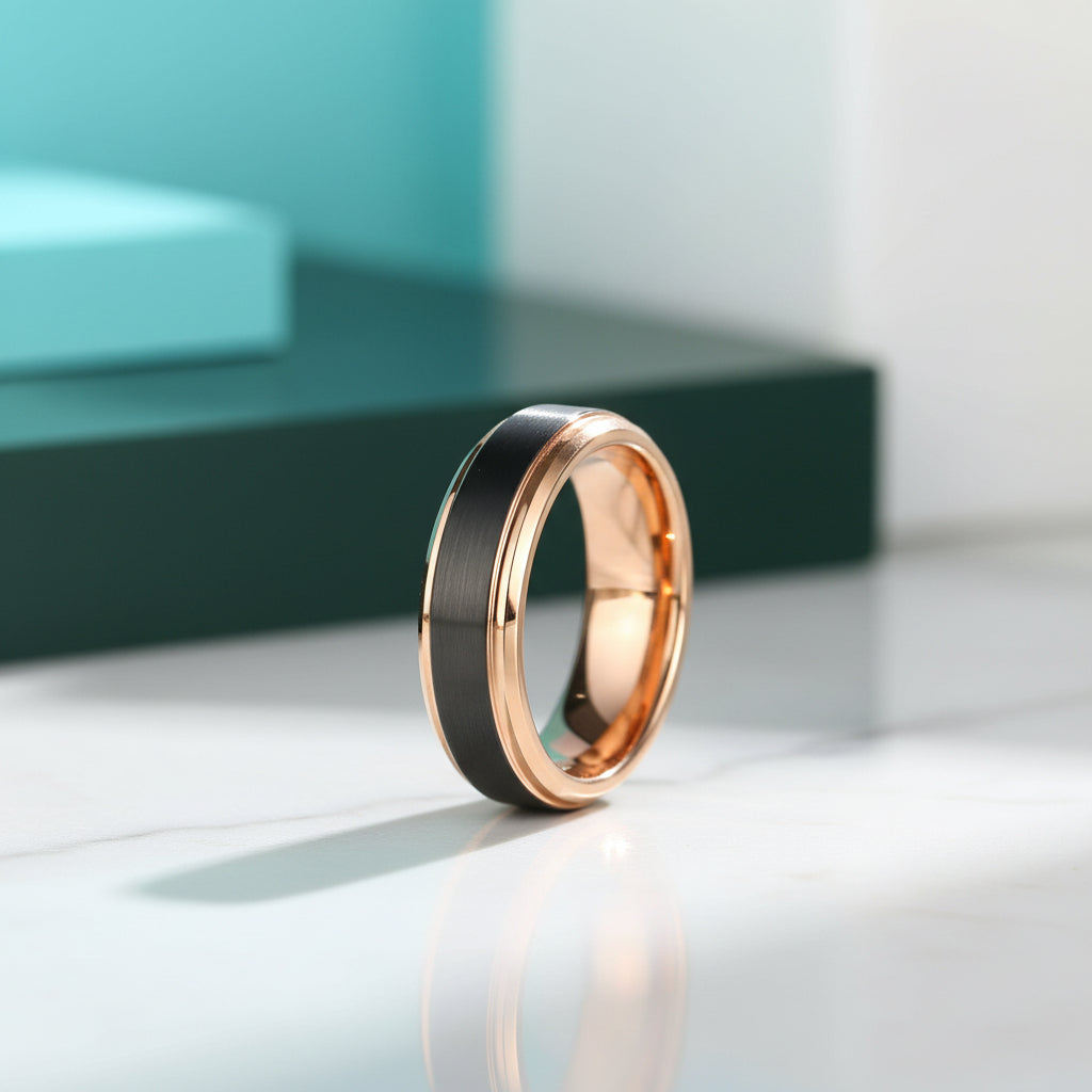 Black Surface & Rose Gold 8mm Tungsten Wedding Band-Evani Jewelry