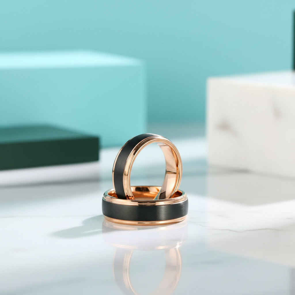 Black Surface & Rose Gold 8mm Tungsten Wedding Band-Evani Jewelry