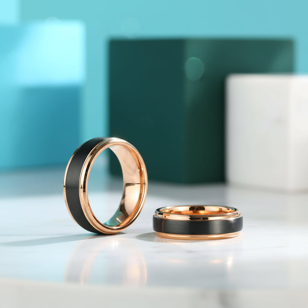 Black Surface & Rose Gold 8mm Tungsten Wedding Band-Evani Jewelry