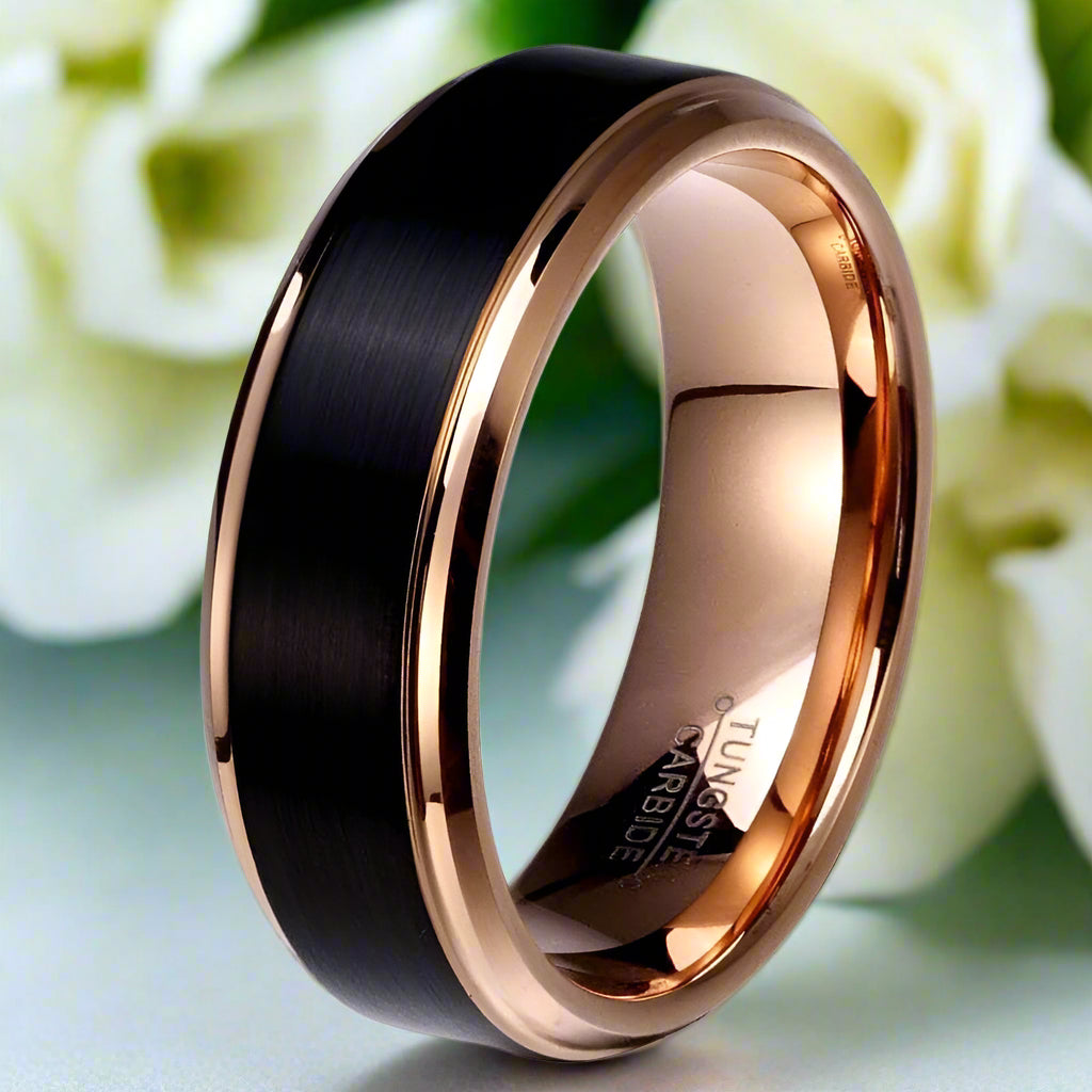 Black Surface & Rose Gold 8mm Tungsten Wedding Band-Evani Naomi Jewelry