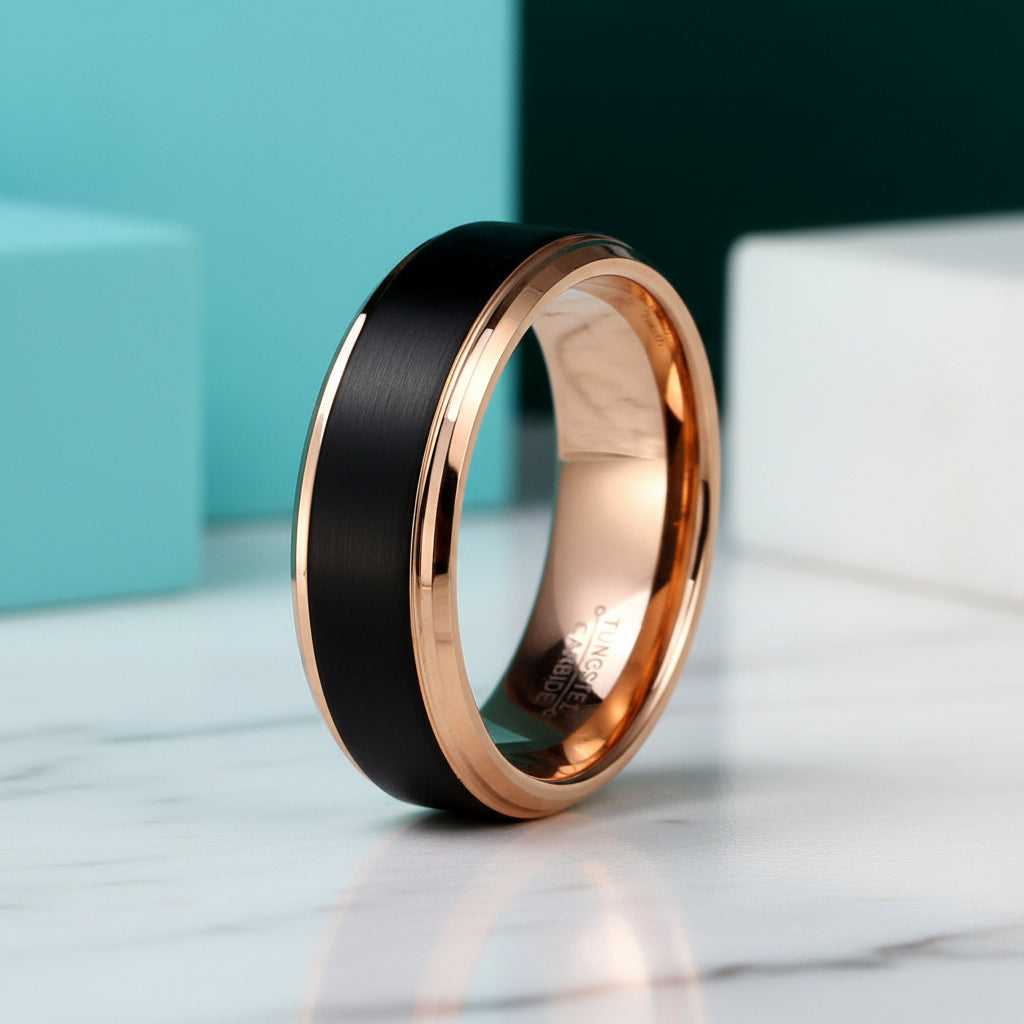 Black Surface & Rose Gold 8mm Tungsten Wedding Band-Evani Jewelry