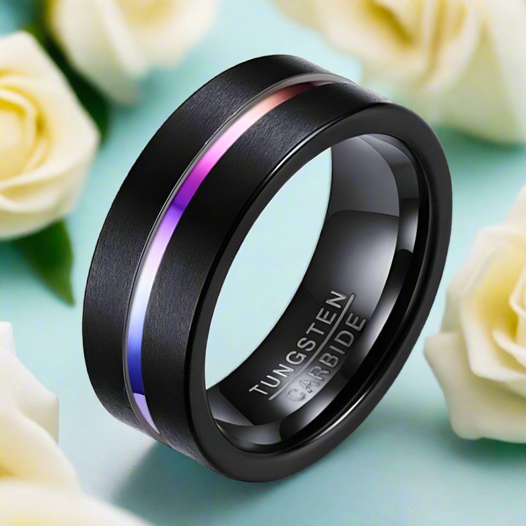 Black Tungsten Men's Wedding Band with Rainbow Line-Evani Naomi Jewelry