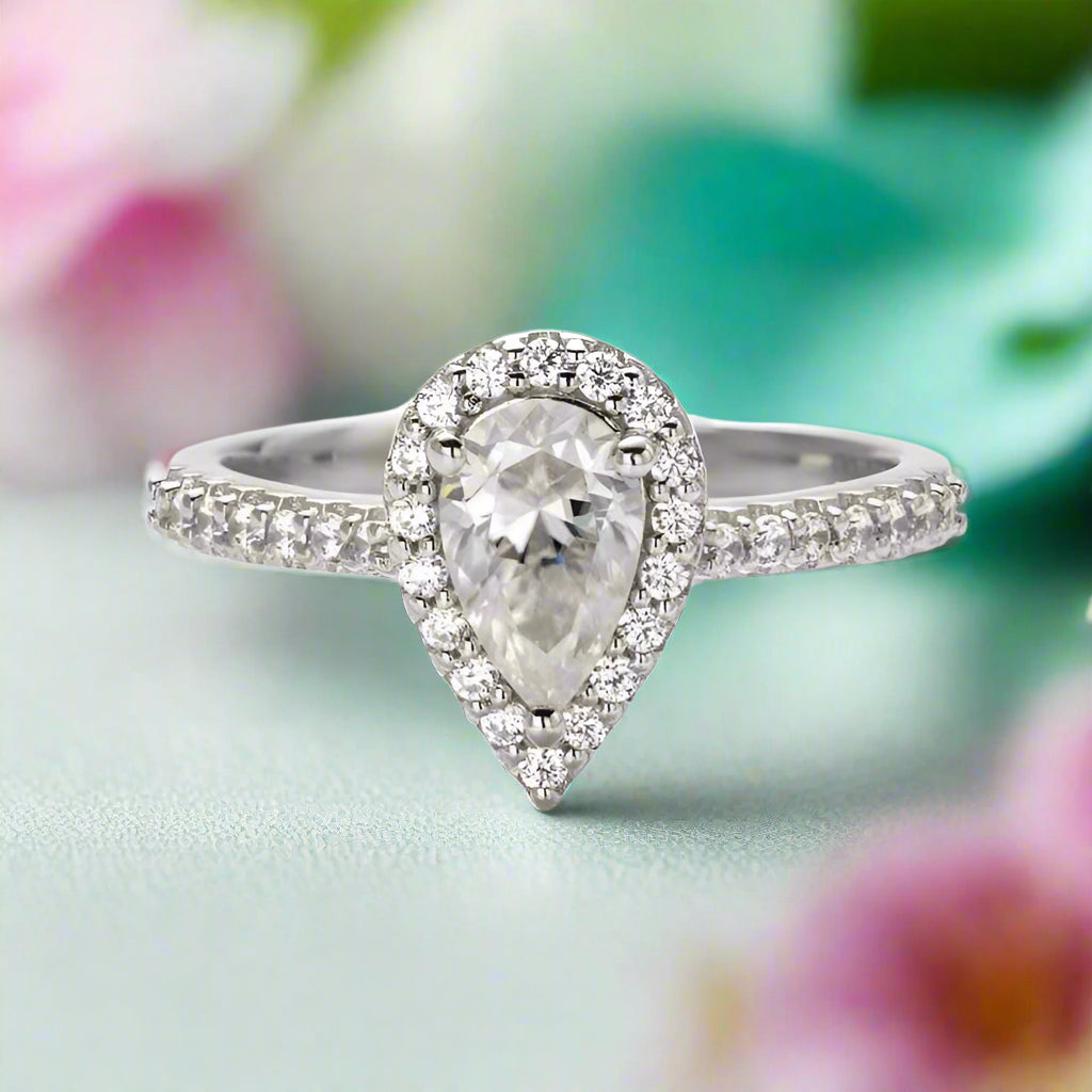 Brilliant 1.00 ct Pear-cut Diamond Petite Halo Engagement Ring-Evani Jewelry