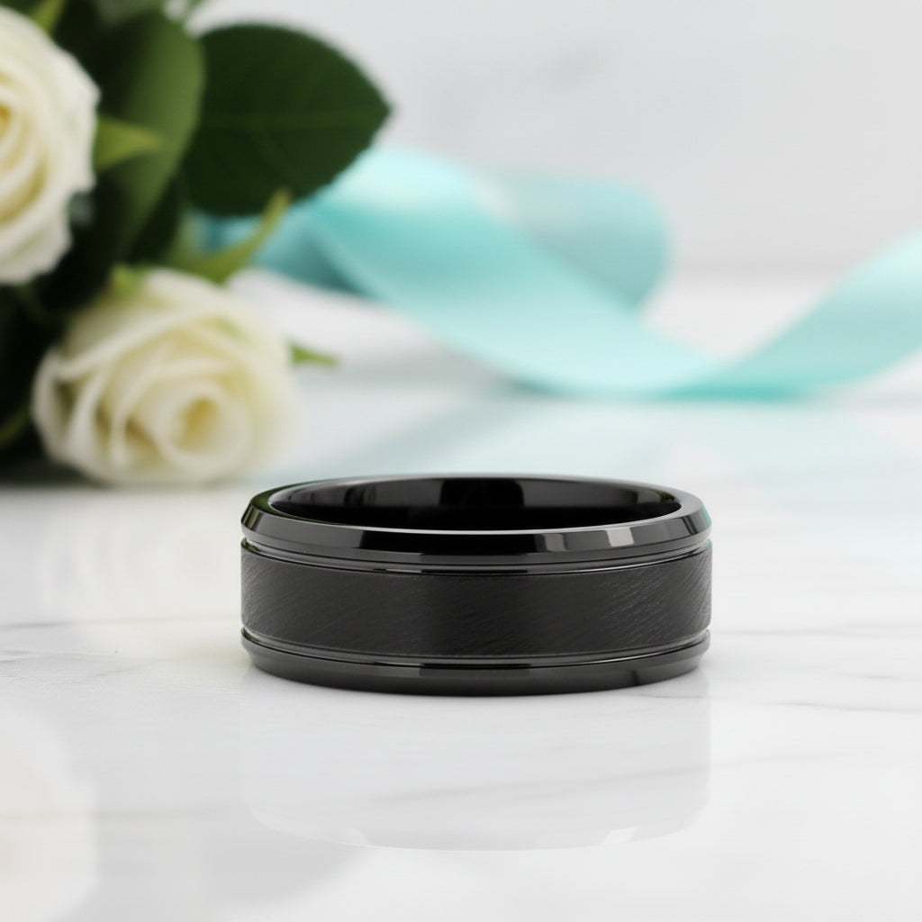 Center Brushed 8mm Black Tungsten Carbide Wedding Band-Evani Jewelry