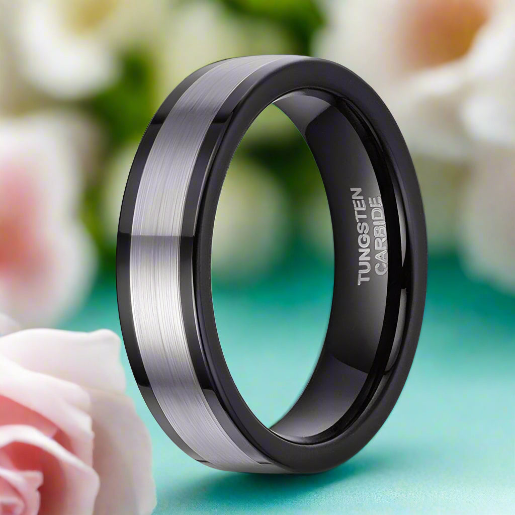 Classic Black & Silver 6mm Tungsten Wedding Band-Evani Naomi Jewelry