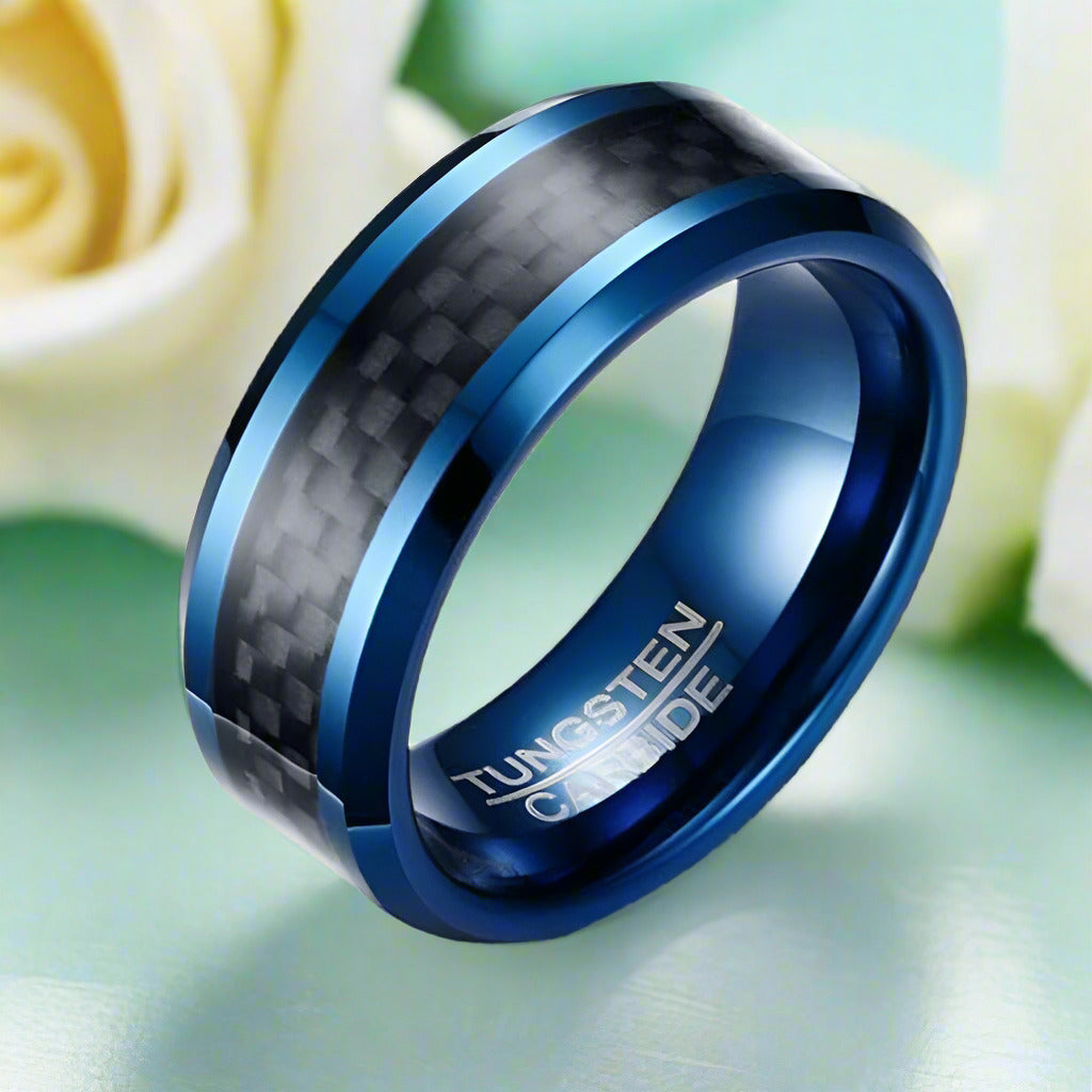 Classic Blue & Black Tungsten Men's Wedding Band-Evani Naomi Jewelry