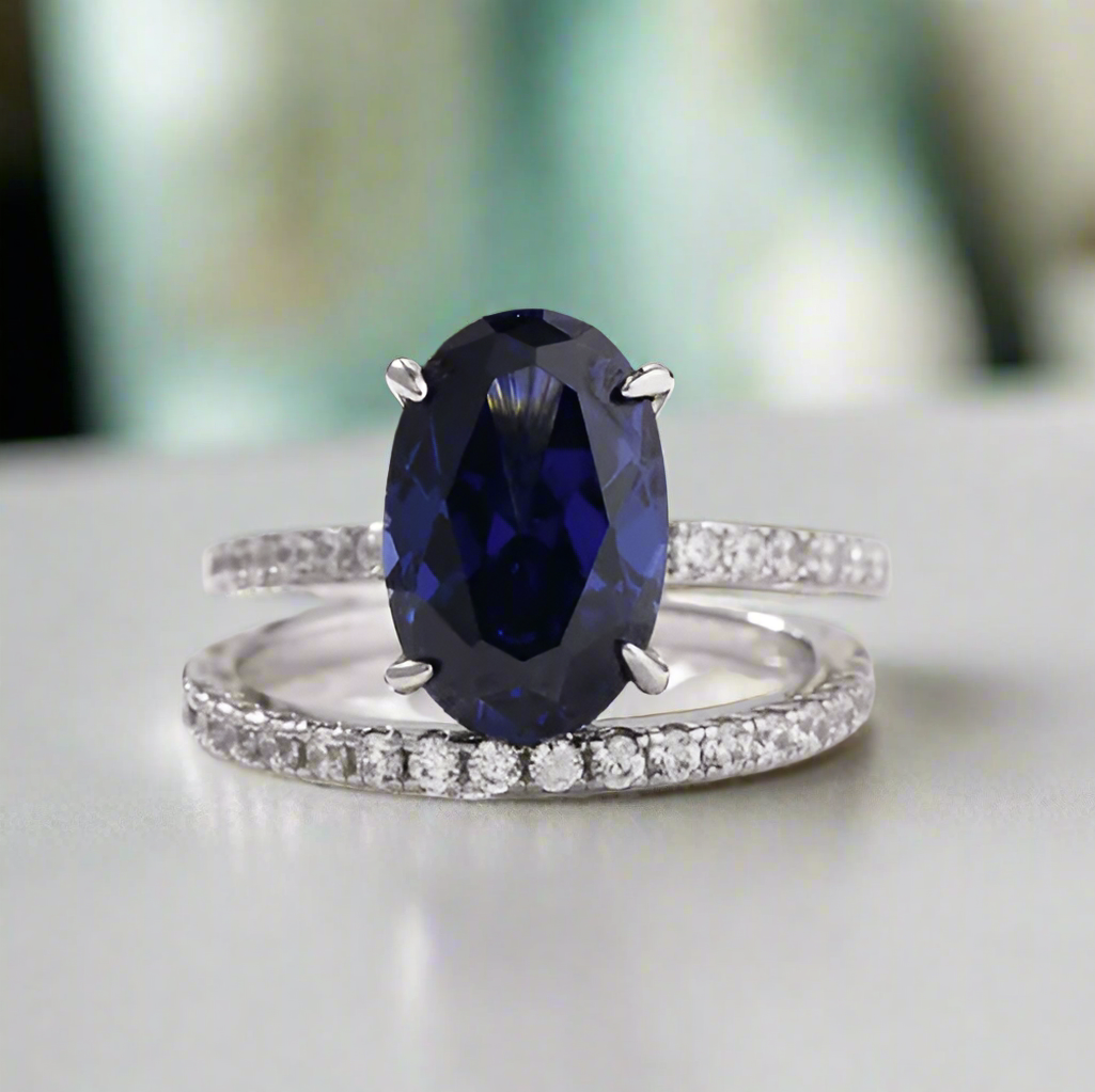 Classic Oval Cut 3.5ct Blue Sapphire Diamond Bridal Set-Evani Jewelry