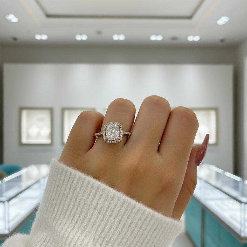 Classic Rose Gold Halo Radiant Cut Diamond Engagement Ring-Evani Jewelry