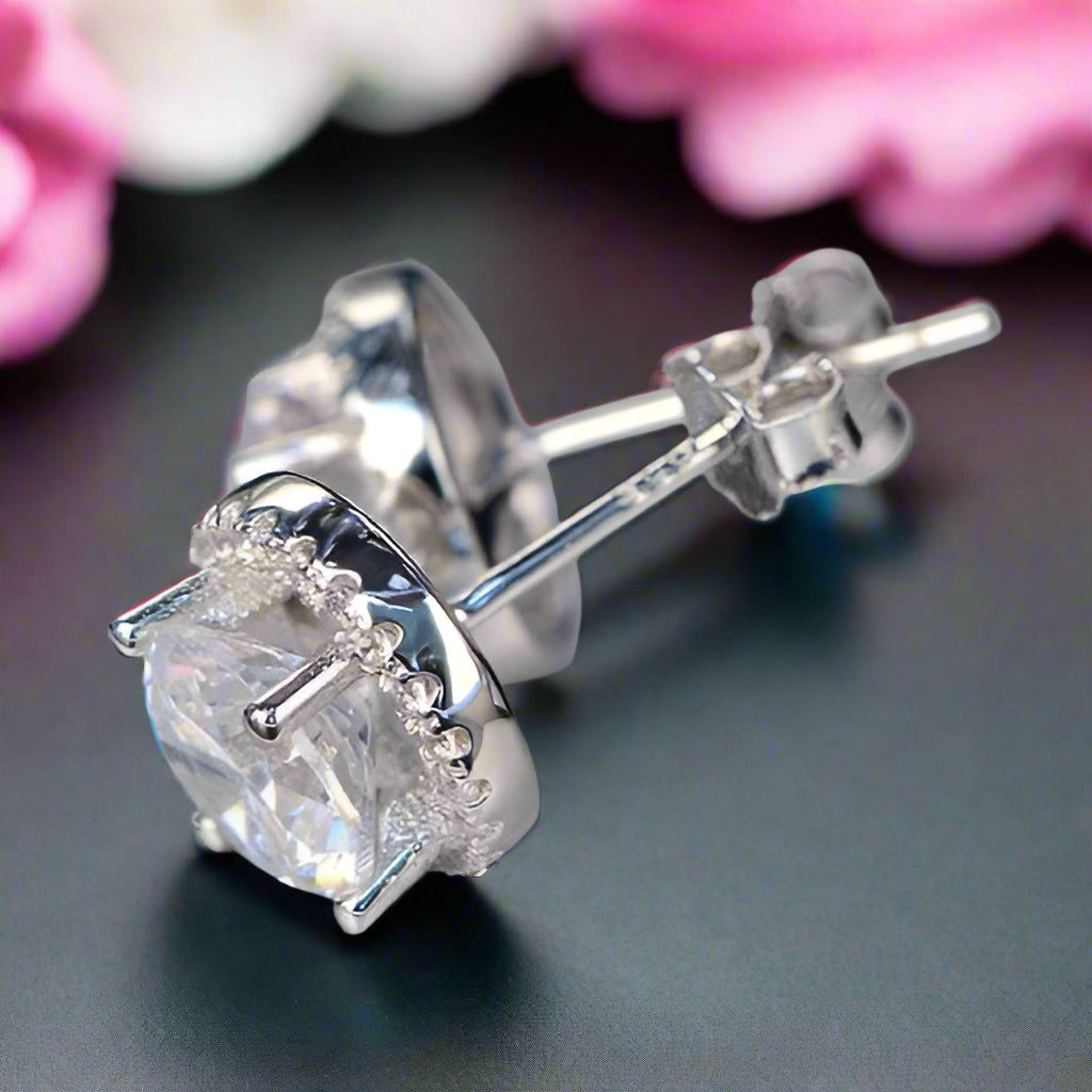 Classic Round Diamond Halo Stud Earrings-Evani Naomi Jewelry