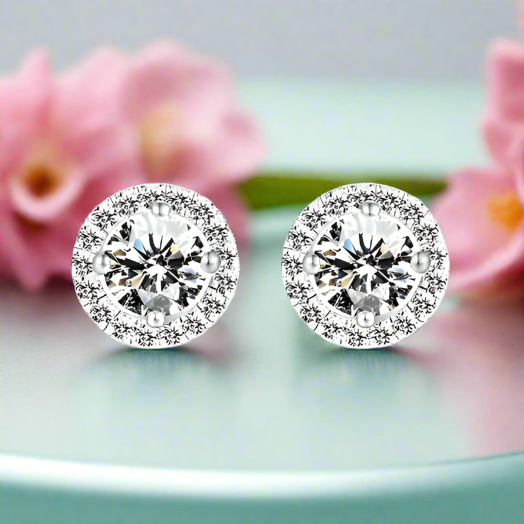 Classic Round Diamond Halo Stud Earrings-Evani Naomi Jewelry