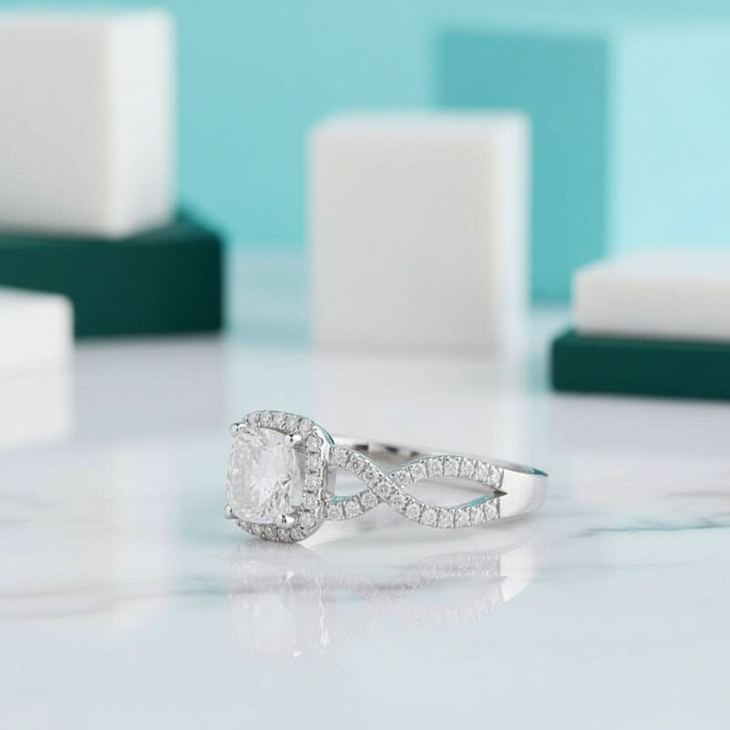Cushion Cut 1ct Diamond Halo 14K Engagement Ring-Evani Jewelry