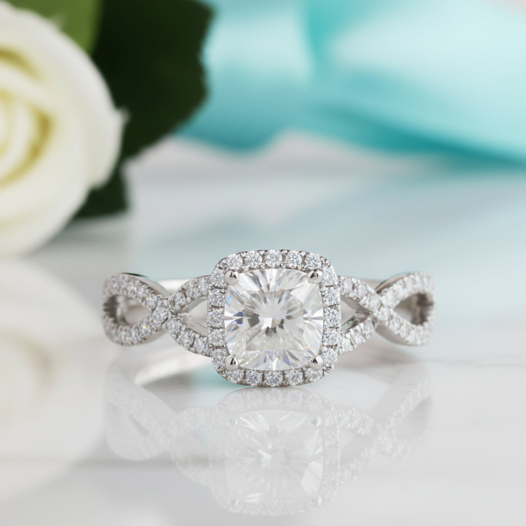 Cushion Cut 1ct Diamond Halo 14K Engagement Ring-Evani Jewelry