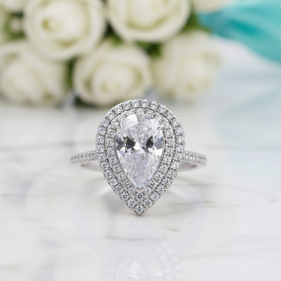 Double Halo 2.0 Ct Pear Cut Diamond Engagement Ring-Evani Jewelry