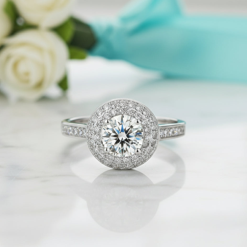 Double-Halo Round 1.00 ct Diamond Engagement Ring-Evani Jewelry