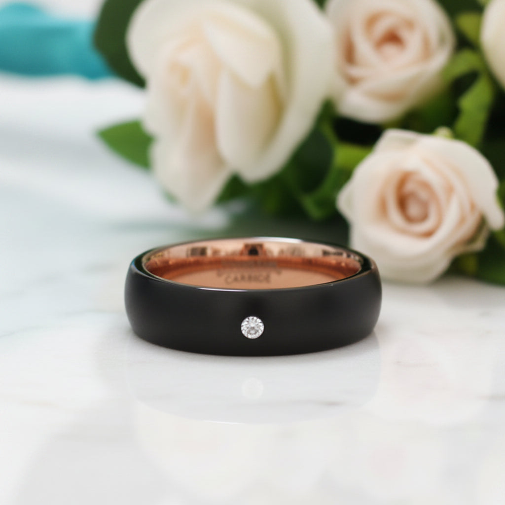 EVN Diamond Alternative Brushed Black Surface with Rose Gold Tungsten Wedding Band-Evani Jewelry
