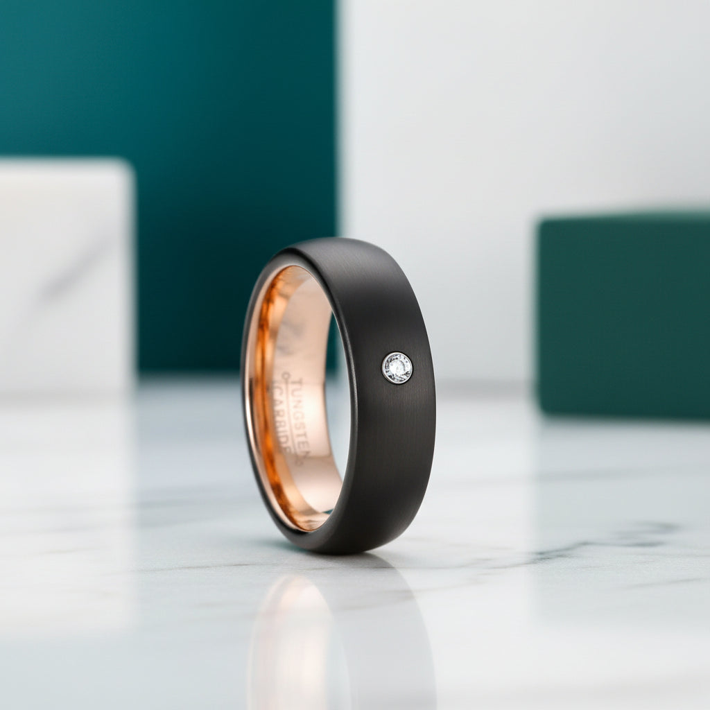 EVN Diamond Alternative Brushed Black Surface with Rose Gold Tungsten Wedding Band-Evani Jewelry