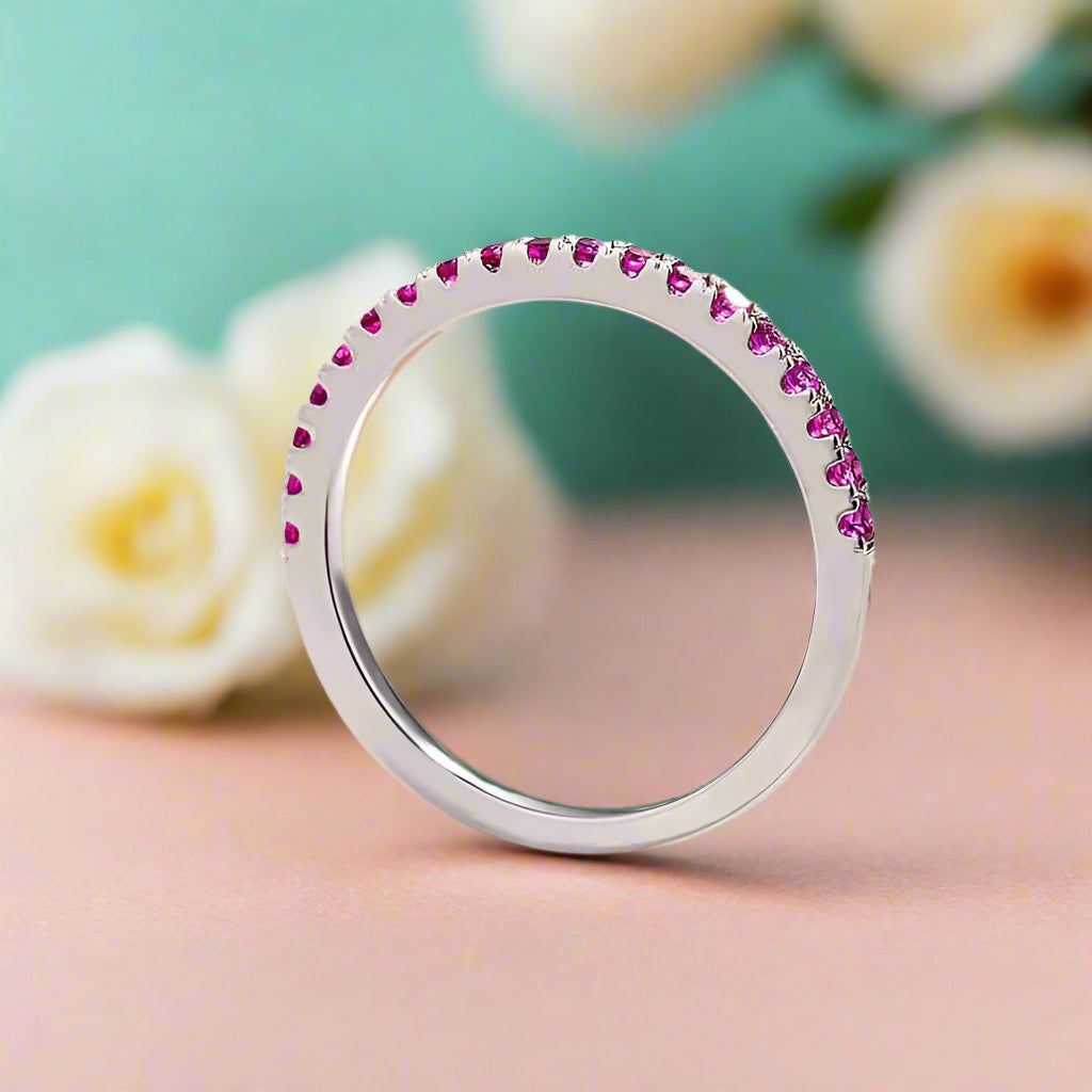 Elegant Fuchsia Diamond Half Eternity Wedding Band-Evani Naomi Jewelry